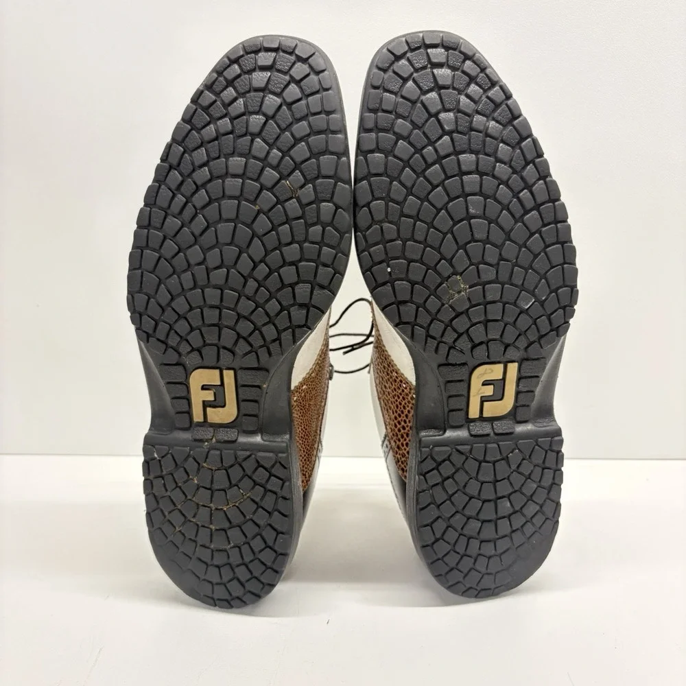 Footjoy Icon FJ Mens White Brown Black Lizard Print Golf Shoes Size 10.5